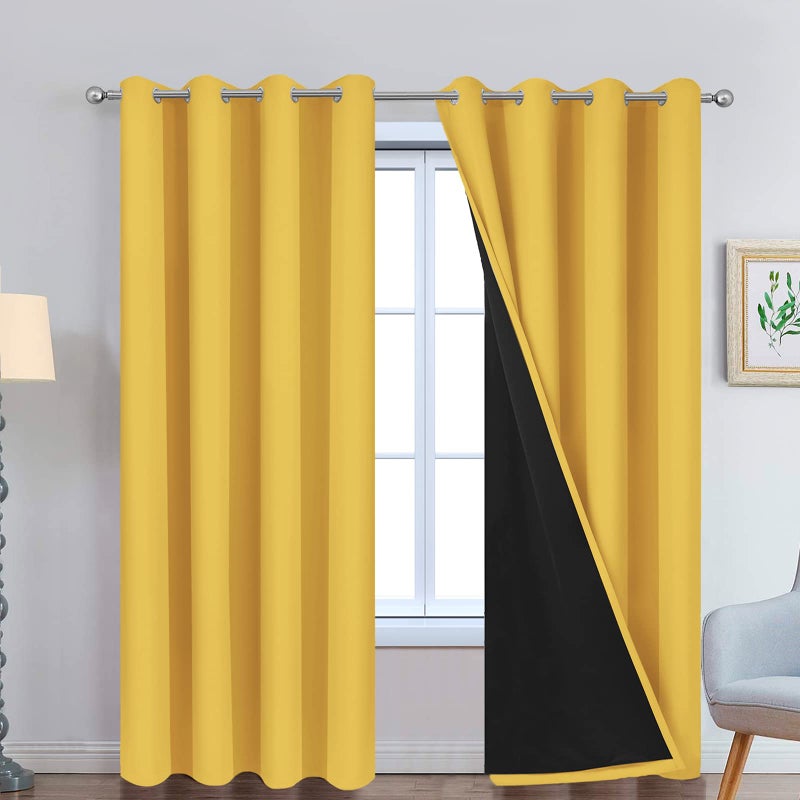 Yakamok 100% Blackout Curtains Energy Saving Thermal Insulated 2 Thick Layers Completely Blackout Drapes with Black Liner for Bedroom (52Wx84L,Mustard Yellow, Set of 2) - Image 1
